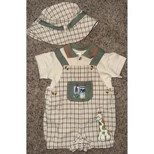 Vintage‎ BT Kids Shortall Overalls 6-9 M Safari Tan Plaid Gingham W/ Hat 3 Piece